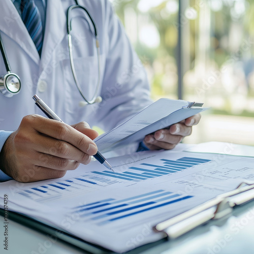A physician is reviewing patients diagnostic test results and medical reports, analyzing data with pen in hand. focus is on detailed graphs and charts, reflecting professional environment