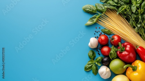 Fresh Pasta Ingredients on Blue Background   Food Photography