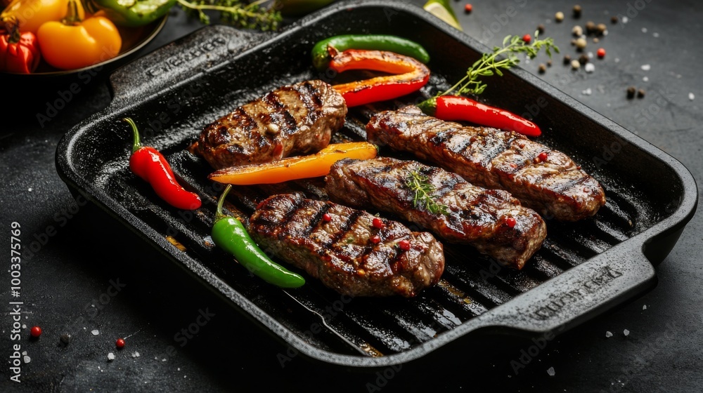 A striking photo of a hot grill pan with juicy steaks and colorful peppers sizzling, capturing the mouthwatering allure of grilled dishes ready to be served. A striking photo of a hot grill pan with juicy steaks and colorful peppers sizzling, capturing the mouthwatering allure of grilled dishes ready to be served.
