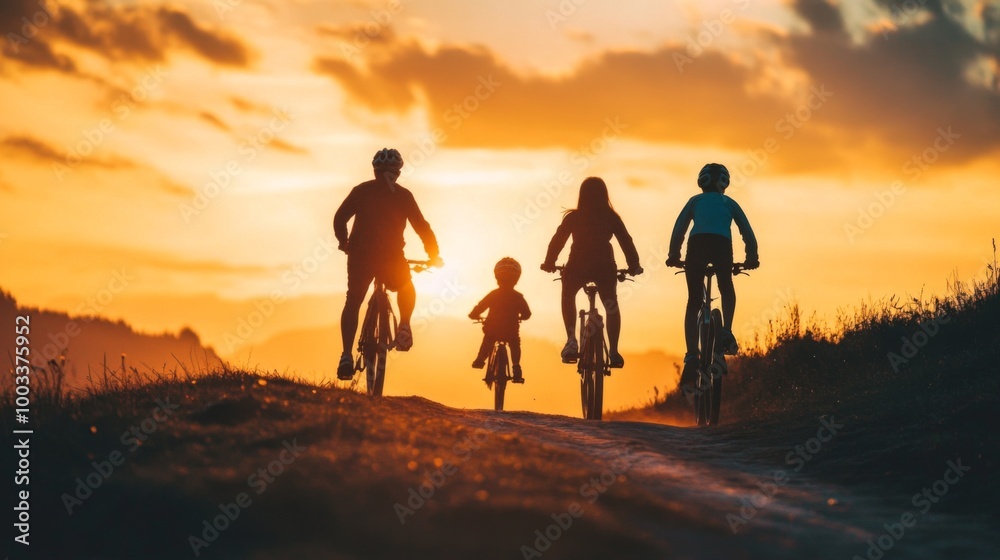 A striking silhouette of a family riding bicycles together during golden hour, their shadows cast long on the path, symbolizing adventure and togetherness. A striking silhouette of a family riding bicycles together during golden hour, their shadows cast long on the path, symbolizing adventure and togetherness.