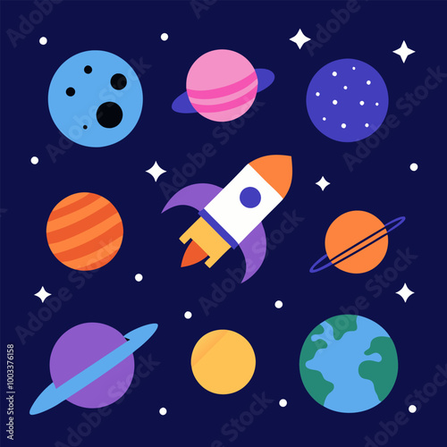 A fun and whimsical illustration of a rocket flying through space with planets, stars, and moons. Perfect for adding a touch of cosmic energy to your designs.