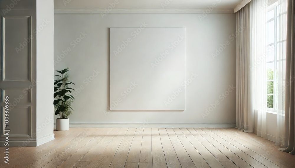 Fototapeta premium Empty white canvas on wall in bright minimalist room with window. Interior mockup for design and print.
