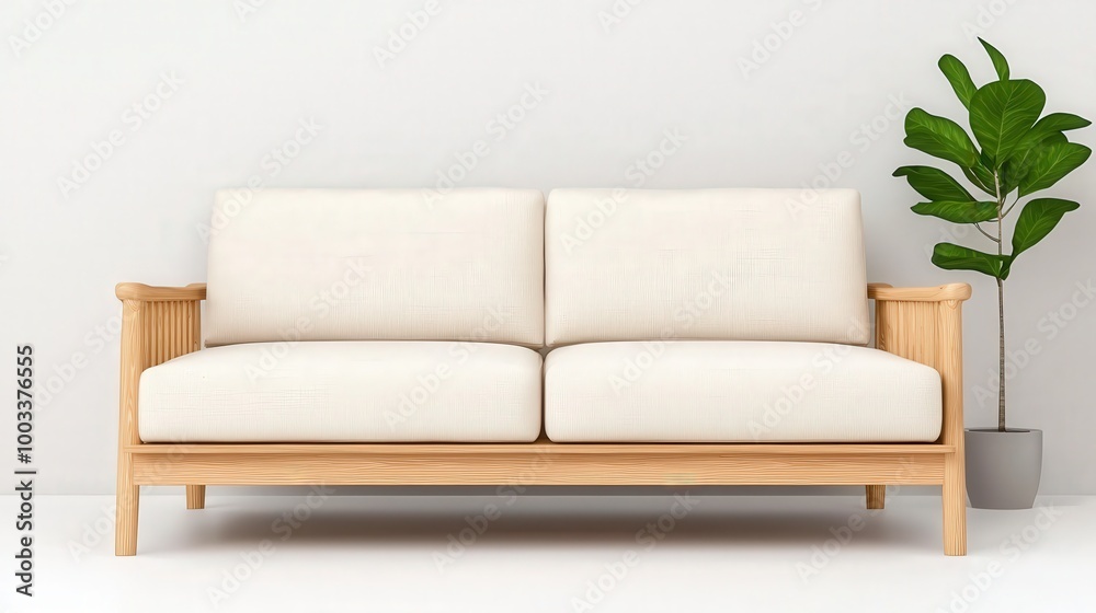 Fototapeta premium Minimalist Living Room with Modern Farmhouse Sofa and Plant