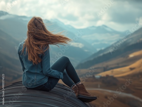 A young woman enjoys the thrill of freedom while sitting on a moving train rooftop through majestic mountain landscapes photo