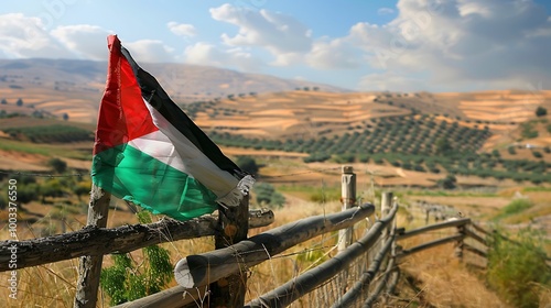 The Palestinian flag is elegantly displayed on a rustic wooden fence surrounded by tranquil landscapes symbolizing hope unity and the strong connection to cultural identity in the heart of nature photo