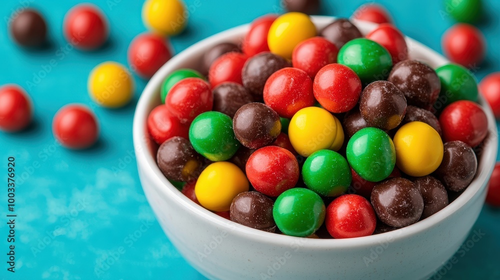 Colorful Chocolate Candy Coated Candies in Bowl on Blue Background Colorful Chocolate Candy Coated Candies in Bowl on Blue Background