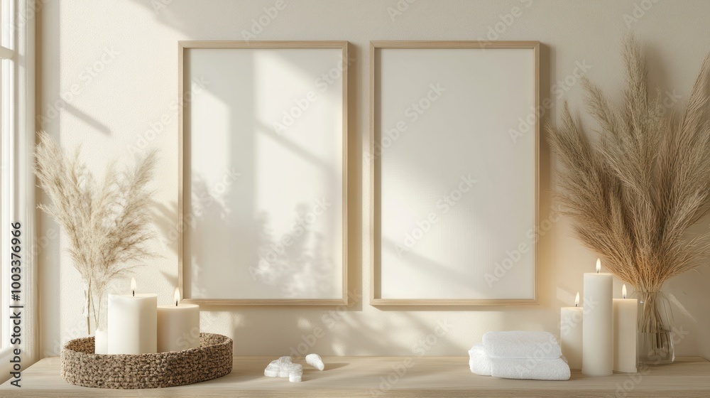 Minimalist Interior Design Mockup with White Frames and Pampas Grass Minimalist Interior Design Mockup with White Frames and Pampas Grass