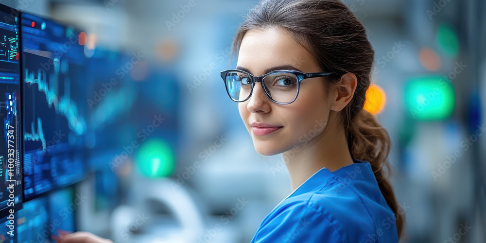 Confident Female Data Analyst Looking at Camera with Graph in Background