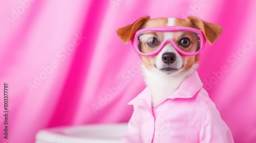 A clever dog in goggles takes on the role of a plumbing inspector beside a shining toilet in a playful indoor setting