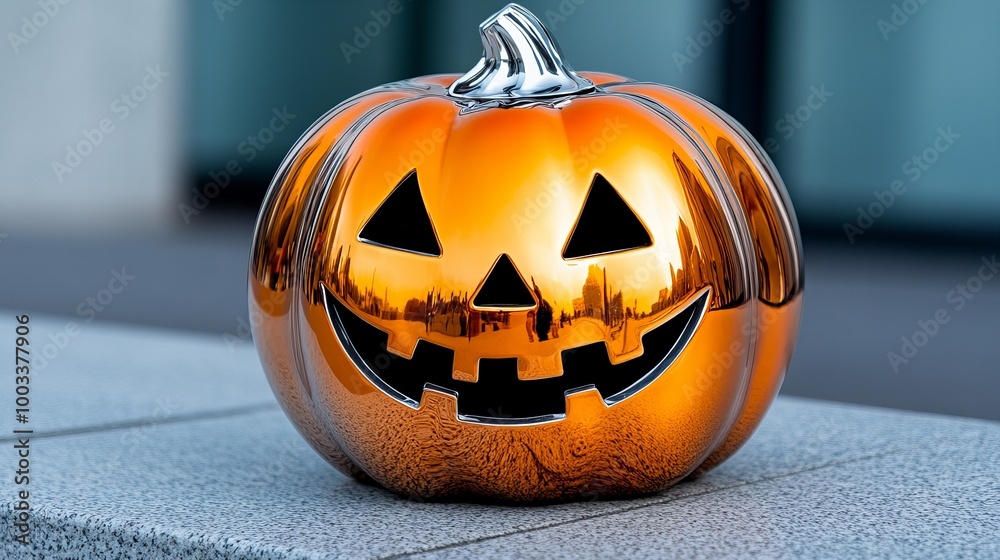 A shiny orange jack-o-lantern sits on a gray surface. A shiny orange jack-o-lantern sits on a gray surface.