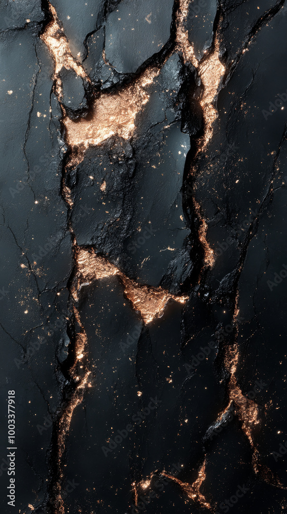 Cracked black surface with gold accents.