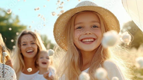 A joyful family day as children fly kites in a vast open field under clear blue skies and gentle breezes photo