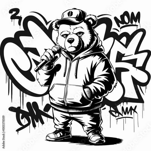 Cool bear in streetwear with speakers and graffiti.