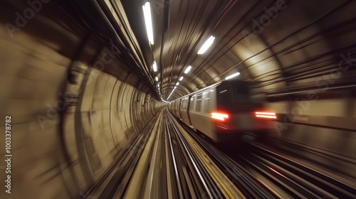 A unique angle of a subway train traveling through an underground tunnel, showcasing the engineering and infrastructure of urban transit systems