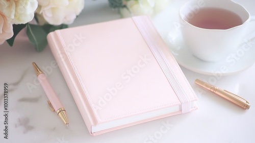 A cozy gratitude journal rests open on a table with a lovely cup of tea and a pen, inviting moments of daily reflection