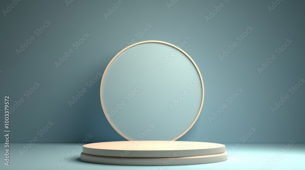 A Minimalist Blue and Beige Display Podium with a Circular Frame