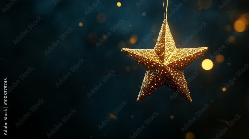 Golden Glitter Star Ornament Hanging with Blurry Lights Golden Glitter Star Ornament Hanging with Blurry Lights
