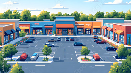 Colorful Strip Mall Shopping Center with Parking Lot on Sunny Day.