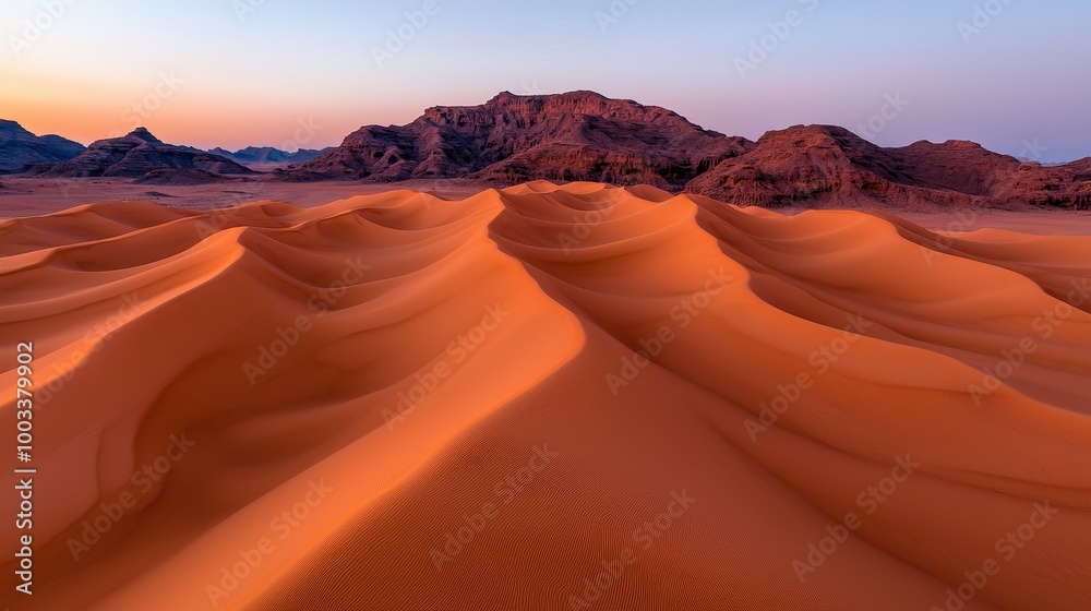 Naklejka premium Majestic Sand Dunes and Mountains at Sunset in the Sahara Desert