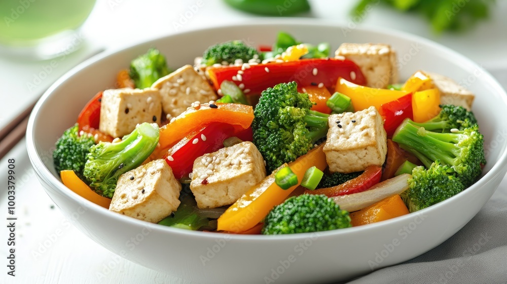 High-res image of a fresh vegetable stir-fry with colorful bell peppers, broccoli, and tofu, served in a clean, minimalist dish for a nutritious meal. High-res image of a fresh vegetable stir-fry with colorful bell peppers, broccoli, and tofu, served in a clean, minimalist dish for a nutritious meal.