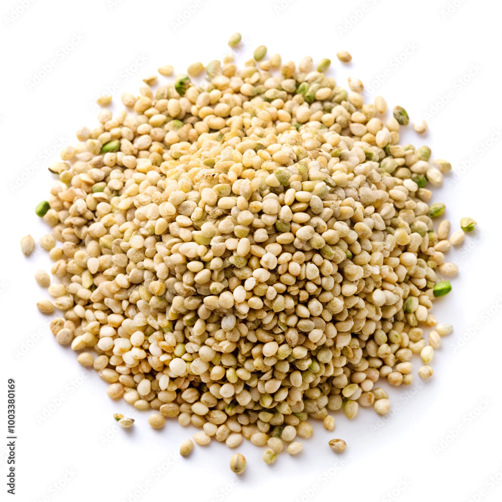 Pile of peeled hemp seed, isolated on white background Pile of peeled hemp seed, isolated on white background