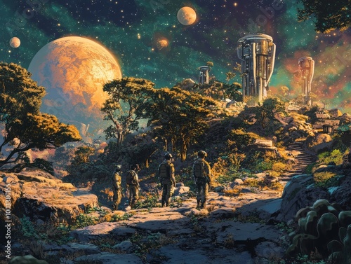 A futuristic illustration of astrobiologists analyzing alien ecosystems on a distant planet, studying its potential for supporting life. photo