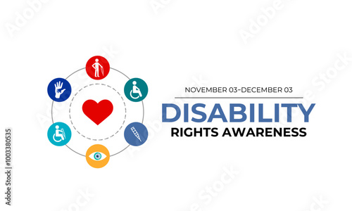 Disability rights awareness month observed each year from November. Hexagonal with circle shape. Banner poster, flyer and background design template. Vector illustration.