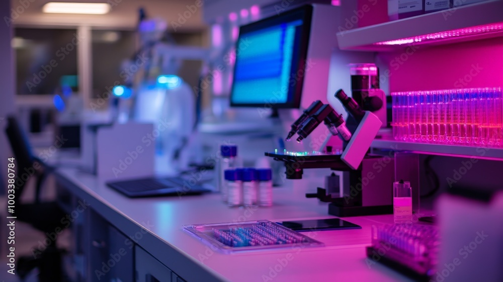 A high-tech biology lab featuring cutting-edge equipment for DNA sequencing, protein analysis, and genetic research. A high-tech biology lab featuring cutting-edge equipment for DNA sequencing, protein analysis, and genetic research.