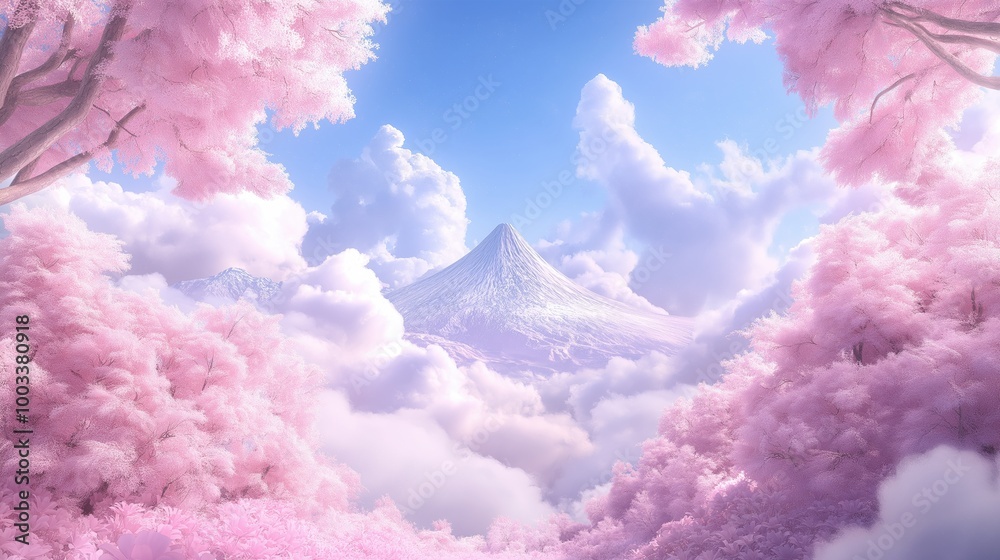 Fototapeta premium A majestic mountain range with seasonal peaks adorned in cherry blossoms, snow, summer greens, and autumn hues