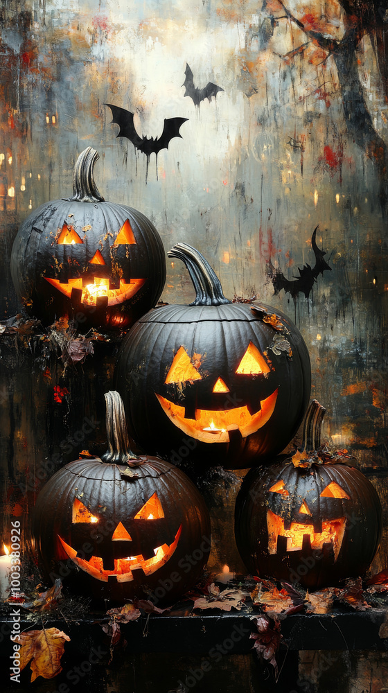 Spooky jack-o'-lanterns glow in the dark. Spooky jack-o'-lanterns glow in the dark.
