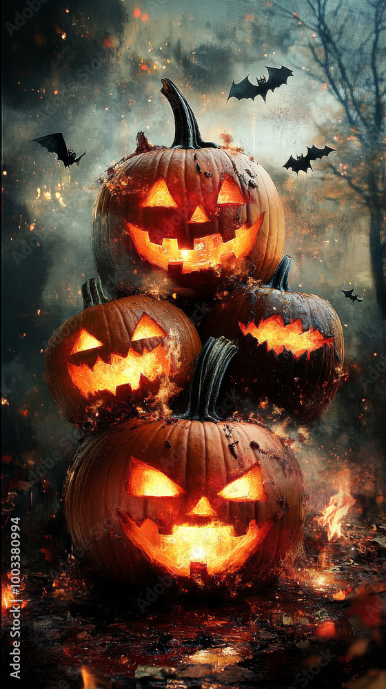 Spooky jack-o'-lanterns glowing in a fiery scene Spooky jack-o'-lanterns glowing in a fiery scene