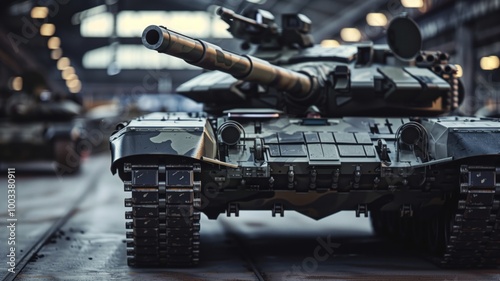 A detailed close-up of an armored combat tank's side, showcasing the intricate metal texture