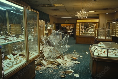 A jewelry store robbery where thieves smash display cases, stealing expensive items, creating a chaotic and tense atmosphere.