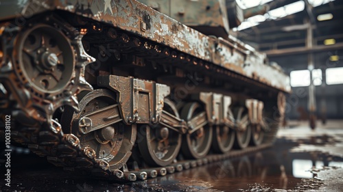 A powerful military tank with heavy armor and large tracks is positioned inside