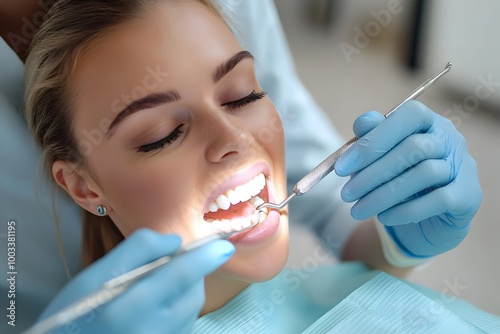 Dentist providing professional dental cleaning and oral health care treatment to patient in a bright and clean dental clinic or office. Promoting good dental hygiene and preventive dental care.