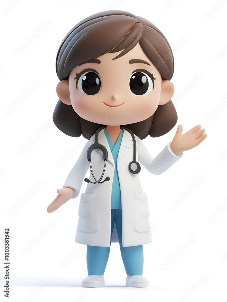 Cheerful and Smiling 3D Cartoon of a Female Doctor Character Wearing a White Medical Uniform and Holding a Stethoscope on a Bright Isolated Studio Background Cheerful and Smiling 3D Cartoon of a Female Doctor Character Wearing a White Medical Uniform and Holding a Stethoscope on a Bright Isolated Studio Background