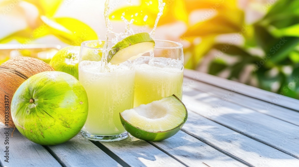Fototapeta premium Fresh Coconut Juice with Sliced Coconut on Wooden Table