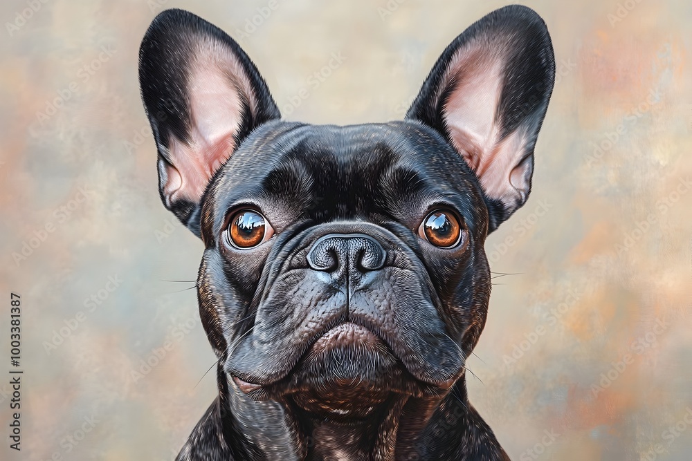 Fototapeta premium Portrait of an Alert and Curious French Bulldog in an Oil Painting Style with Art Nouveau Inspired Bright and Clean Aesthetic The Wrinkled Forehead Pointed Bat like and Well Proportioned Frame