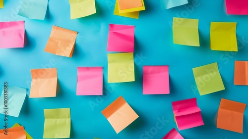 A collection of brightly colored sticky notes in green, orange, pink, and blue