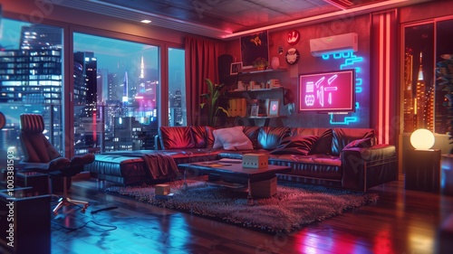A modern cyberpunk living room with a futuristic aesthetic, featuring neon
