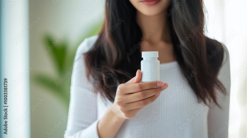 Determined woman holding a small bottle of weight-loss pills, focused in a minimalist, well-lit room. Determined woman holding a small bottle of weight-loss pills, focused in a minimalist, well-lit room.