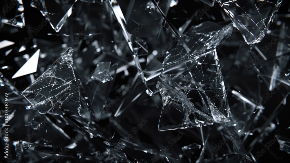 Jagged shards of broken glass piled upon each other, creating a chaotic yet reflective Jagged shards of broken glass piled upon each other, creating a chaotic yet reflective