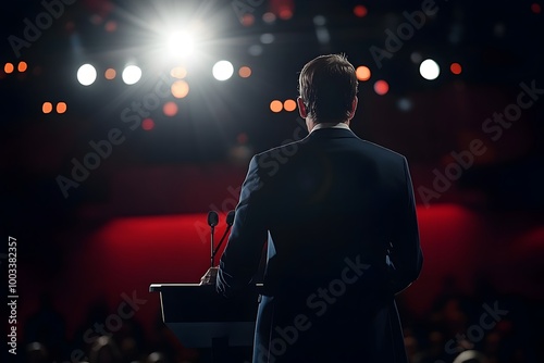 Charismatic Politician Captivating Audience with Passionate Policy Debate on Illuminated Stage Under Bright Spotlights photo