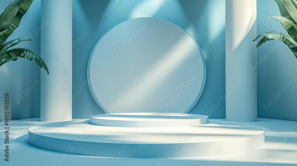 Minimalist Blue and White Product Display with Circular Platforms and Palm Leaf Accents Minimalist Blue and White Product Display with Circular Platforms and Palm Leaf Accents