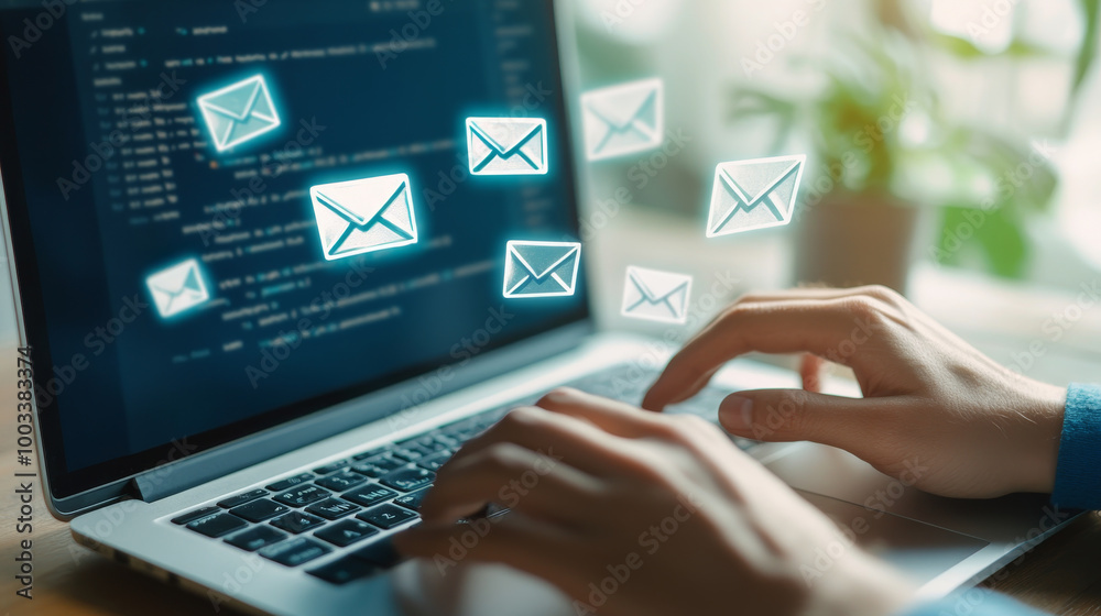 Close up shot of persons hands typing on laptop, with digital email icons floating above screen, symbolizing communication and technology. scene conveys sense of productivity and connection Close up shot of persons hands typing on laptop, with digital email icons floating above screen, symbolizing communication and technology. scene conveys sense of productivity and connection