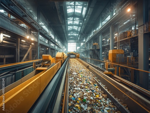 A recycling center processing paper waste, with conveyor belts and machinery converting waste paper into pulp for reuse. photo