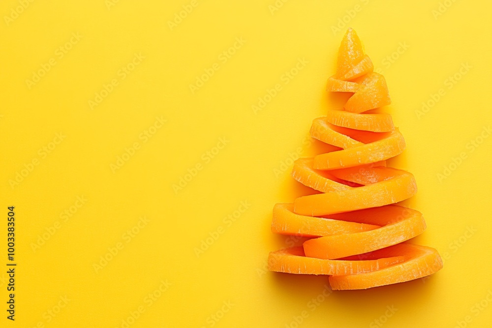 Spiral carrot slice creatively shaped like a Christmas tree on a light yellow background for festive decoration inspiration Spiral carrot slice creatively shaped like a Christmas tree on a light yellow background for festive decoration inspiration