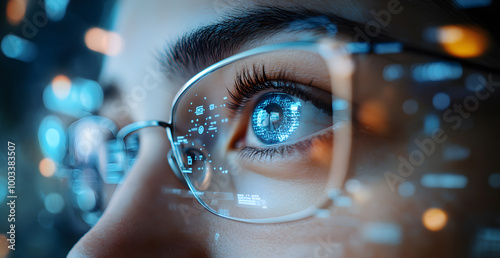 A woman is looking at a computer screen with a blue eye