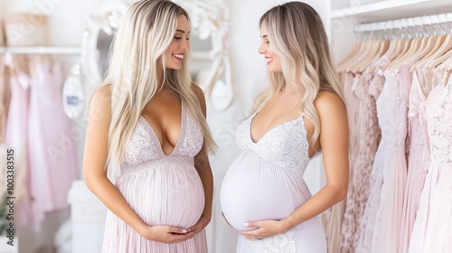 A joyful pregnant woman admires her reflection while trying on a beautiful maternity dress in a bright boutique