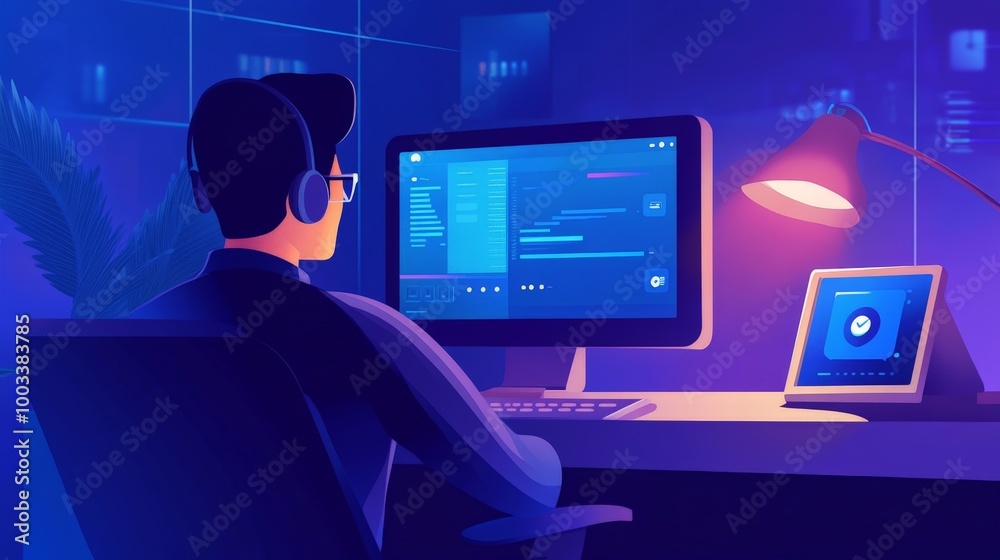 A remote worker using a secure VPN connection and multi-factor authentication, ensuring safe access to corporate resources. A remote worker using a secure VPN connection and multi-factor authentication, ensuring safe access to corporate resources.